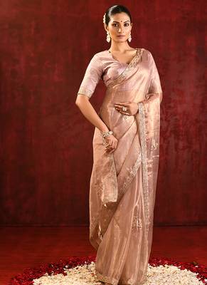 Rose gold embroidered tissue saree set 3