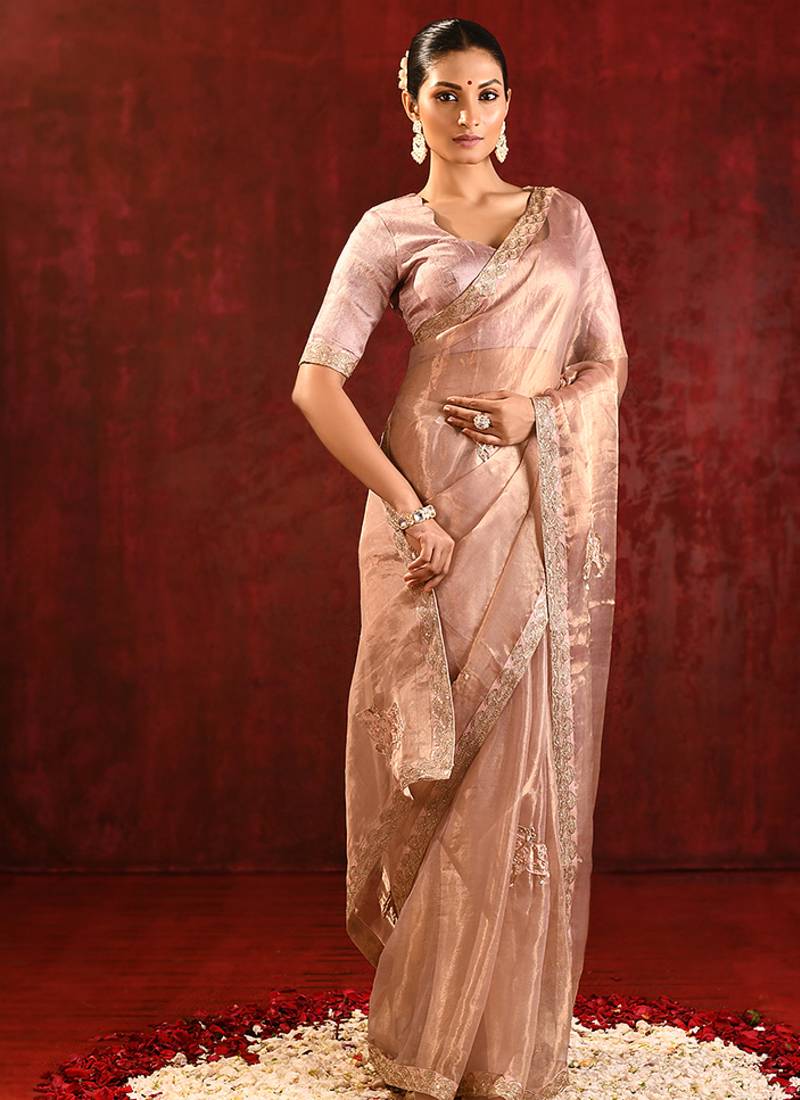 Rose gold embroidered tissue saree set