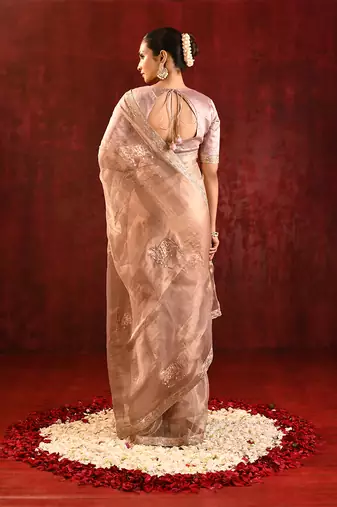 Rose gold embroidered tissue saree set