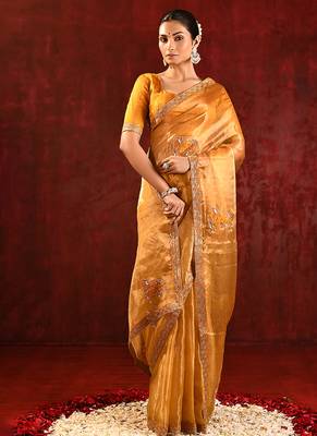 Mustard yellow embroidered tissue saree set 1