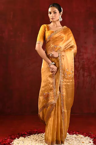Mustard yellow embroidered tissue saree set
