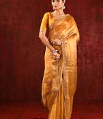 Mustard yellow embroidered tissue saree set