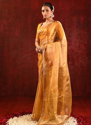 Mustard yellow embroidered tissue saree set 2
