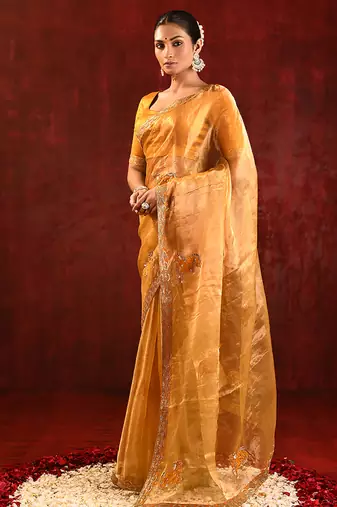 Mustard yellow embroidered tissue saree set