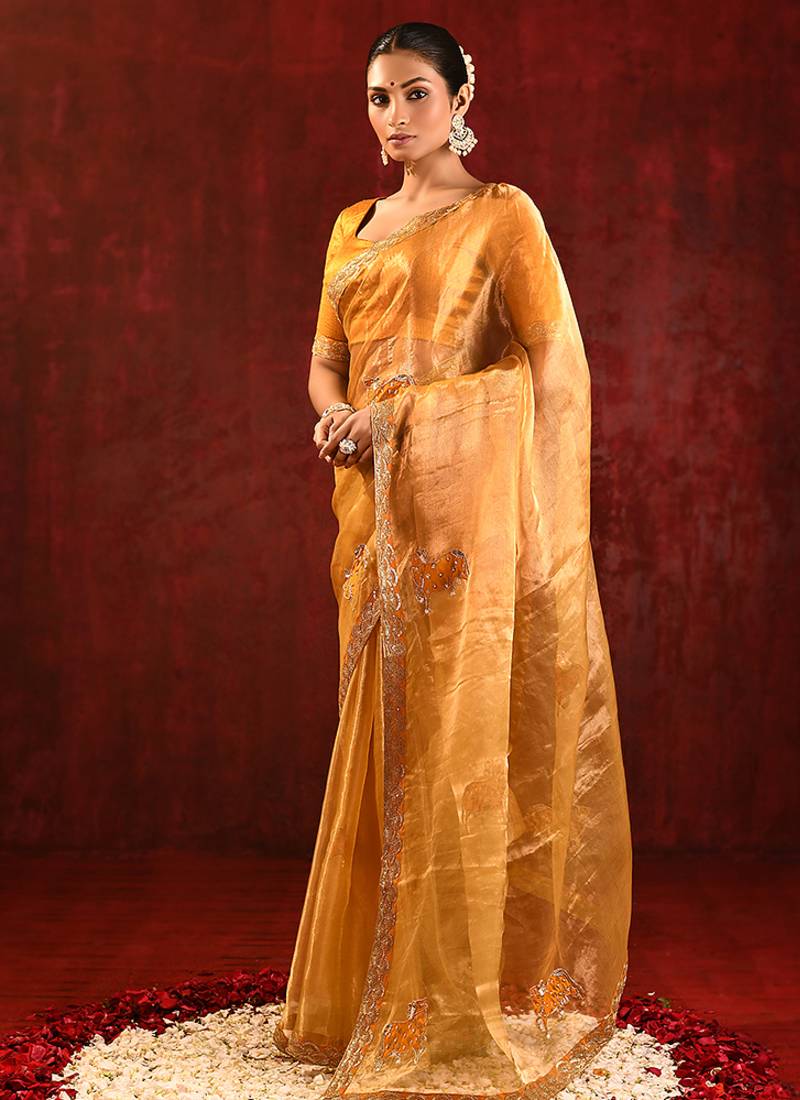Mustard yellow embroidered tissue saree set