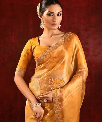 Mustard yellow embroidered tissue saree set 3