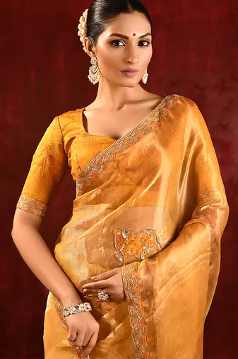 Mustard yellow embroidered tissue saree set