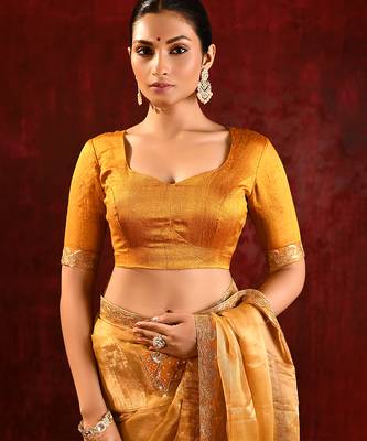 Mustard yellow embroidered tissue saree set 4
