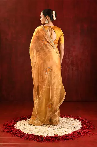 Mustard yellow embroidered tissue saree set