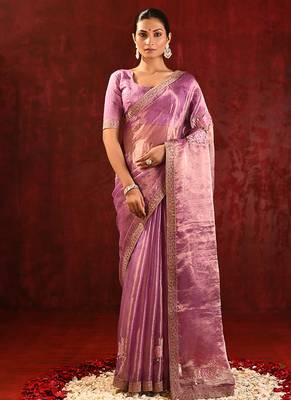 Lilac pink embroidered tissue saree set 1
