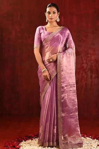 Lilac pink embroidered tissue saree set
