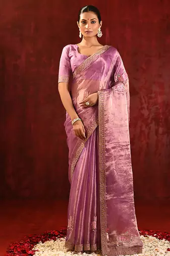 Lilac pink embroidered tissue saree set