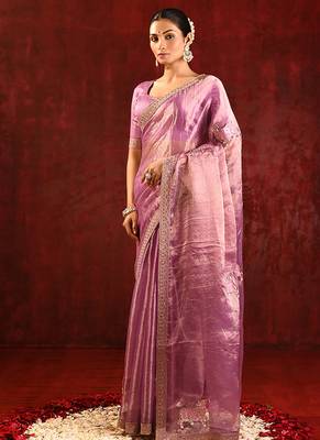 Lilac pink embroidered tissue saree set 2