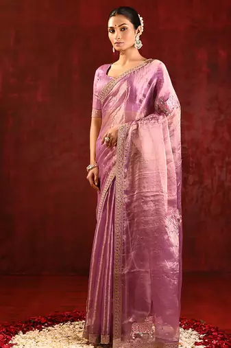 Lilac pink embroidered tissue saree set