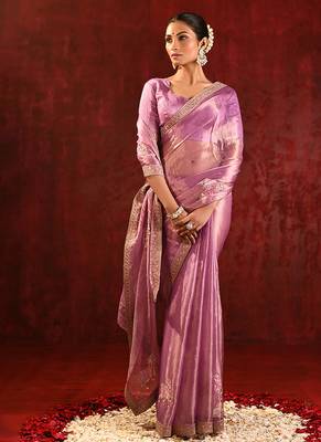 Lilac pink embroidered tissue saree set 3