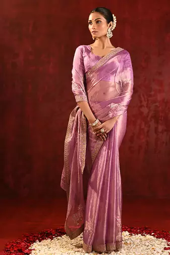 Lilac pink embroidered tissue saree set