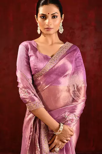 Lilac pink embroidered tissue saree set