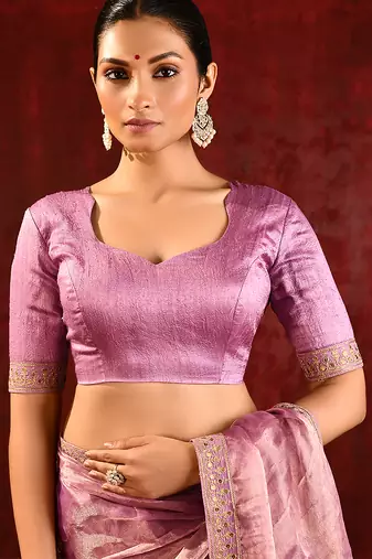 Lilac pink embroidered tissue saree set