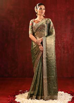 Olive green embroidered tissue saree set 1