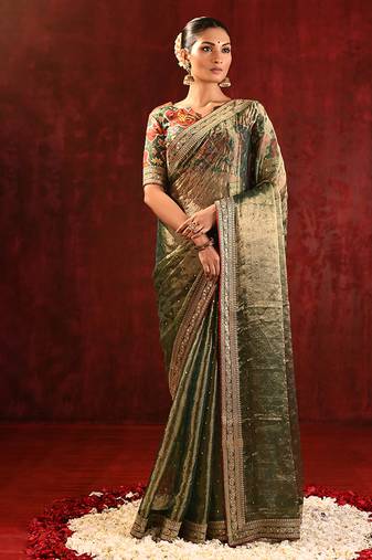 Olive green embroidered tissue saree set