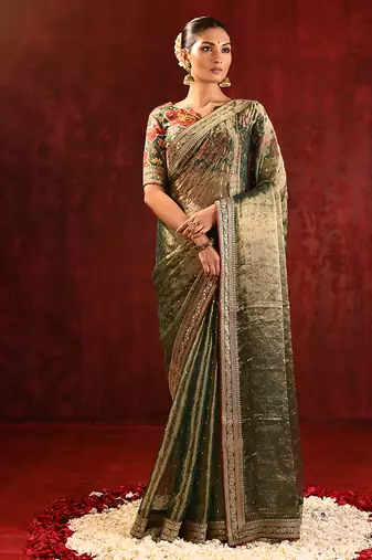 Olive green embroidered tissue saree set