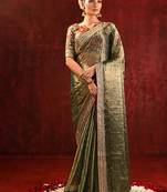 Olive green embroidered tissue saree set