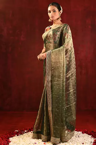 Olive green embroidered tissue saree set