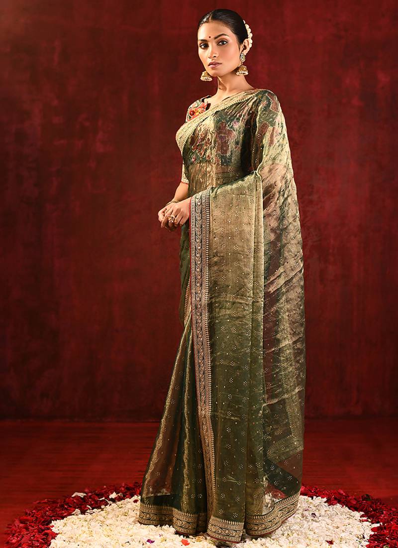 Olive green embroidered tissue saree set
