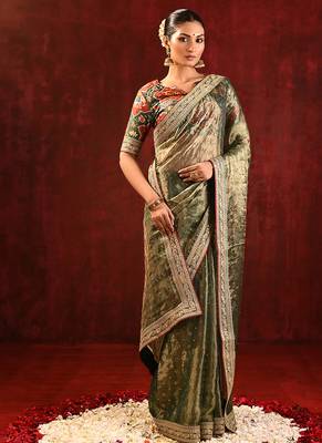 Olive green embroidered tissue saree set 3