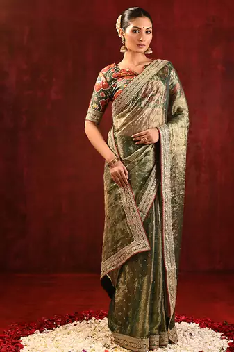 Olive green embroidered tissue saree set