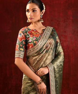 Olive green embroidered tissue saree set 4