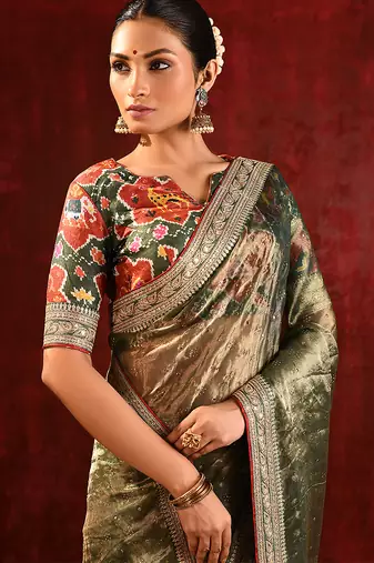 Olive green embroidered tissue saree set
