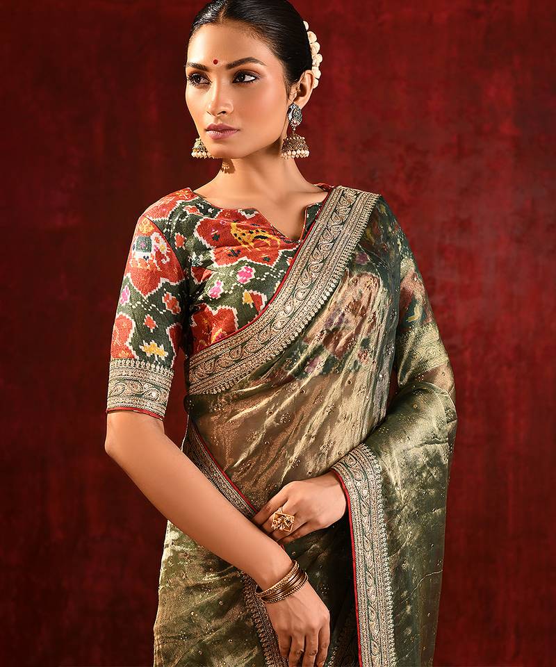 Olive green embroidered tissue saree set