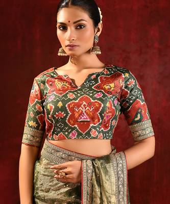 Olive green embroidered tissue saree set 5