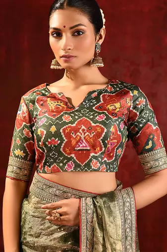 Olive green embroidered tissue saree set