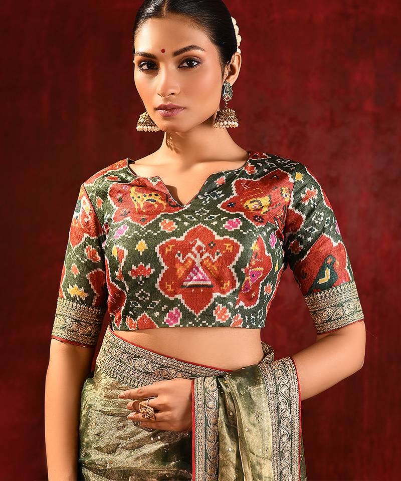 Olive green embroidered tissue saree set