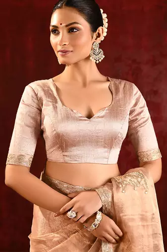 Nude beige embroidered tissue saree set