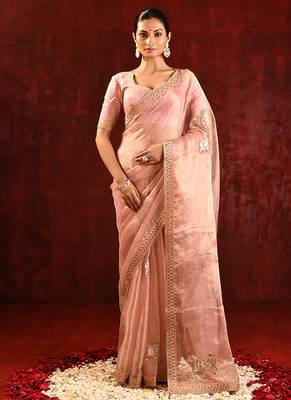Blush pink embroidered tissue saree set 1