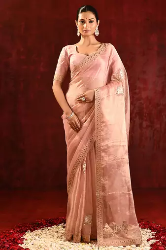 Blush pink embroidered tissue saree set
