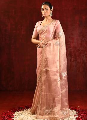 Blush pink embroidered tissue saree set 2