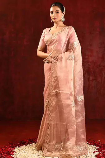 Blush pink embroidered tissue saree set