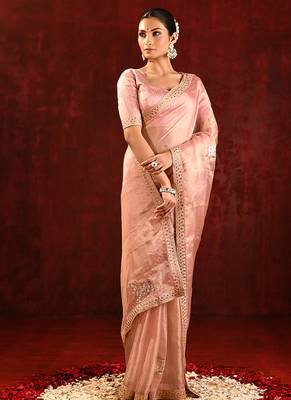 Blush pink embroidered tissue saree set 3