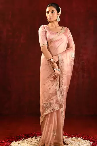 Blush pink embroidered tissue saree set