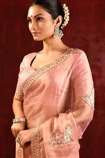 Blush pink embroidered tissue saree set