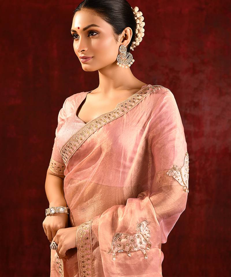 Blush pink embroidered tissue saree set