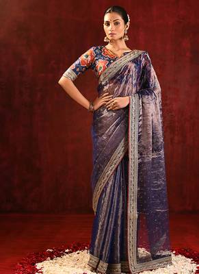 Midnight blue embroidered tissue saree set 1