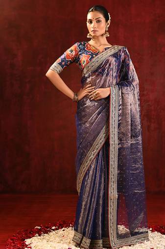Midnight blue embroidered tissue saree set