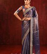 Midnight blue embroidered tissue saree set