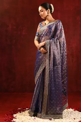 Midnight blue embroidered tissue saree set