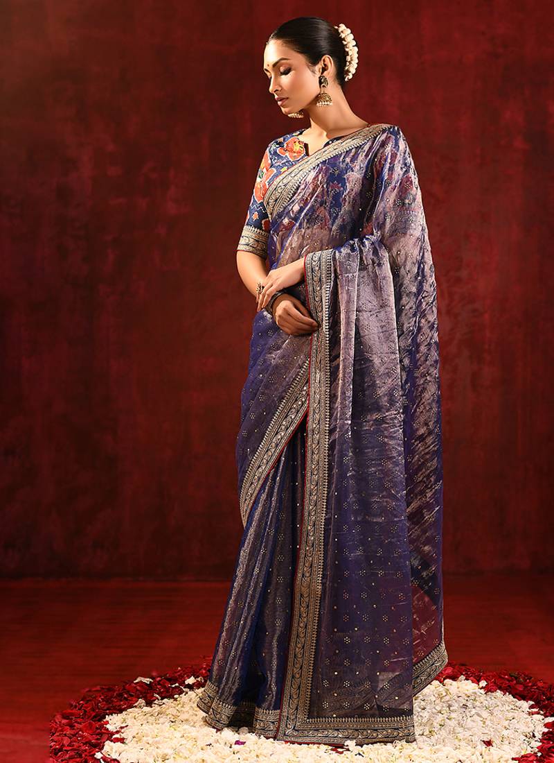 Midnight blue embroidered tissue saree set